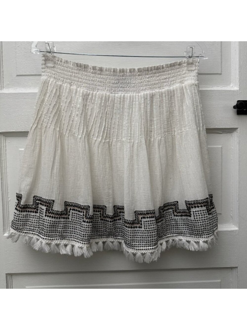 J.Crew Cotton Gauze Mini Skirt S White Embroidered Tassel Fringe Lined